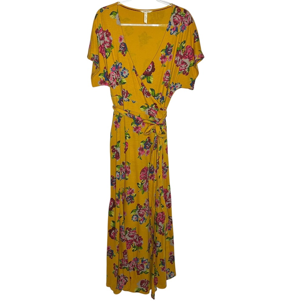 Matilda Jane Womens Large Mustard Yellow Floral Alana Wrap Dress Maxi Pockets